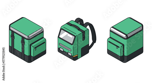 Isometric backpack designs creative blend of bag and vehicle shapes