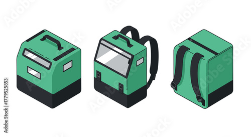 Isometric green delivery backpacks with black accents in three views