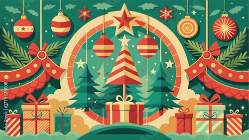 Festive winter village scene with Christmas tree and decorated house, Idyllic holiday illustration capturing the spirit of Christmas.