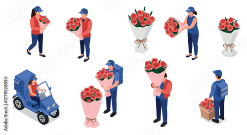 Isometric flower delivery diverse characters and bouquets in action