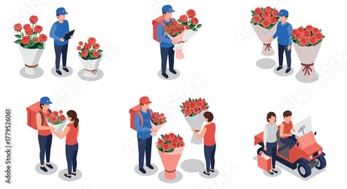 Flower delivery service isometric set with couriers and bouquets