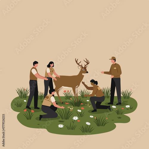 Illustration shows wildlife researchers in a grassy field examining a deer. They appear to be helping the animal