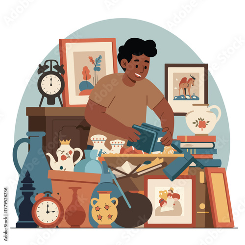 A person sorts through a collection of items paintings, vases, books, and a clock. The background is a pale teal