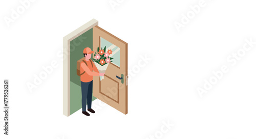Isometric delivery person with flowers at open door