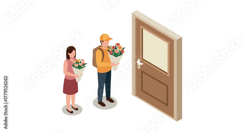 Isometric couple delivering flowers at doorstep for special occasion
