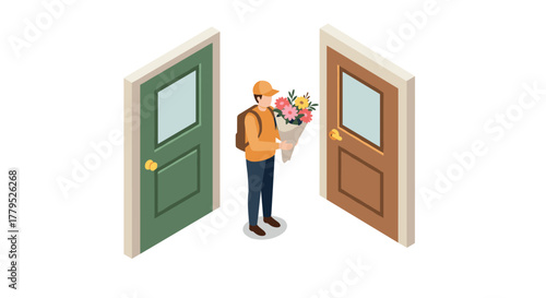 Isometric delivery person holding flowers between two doors in minimalist design