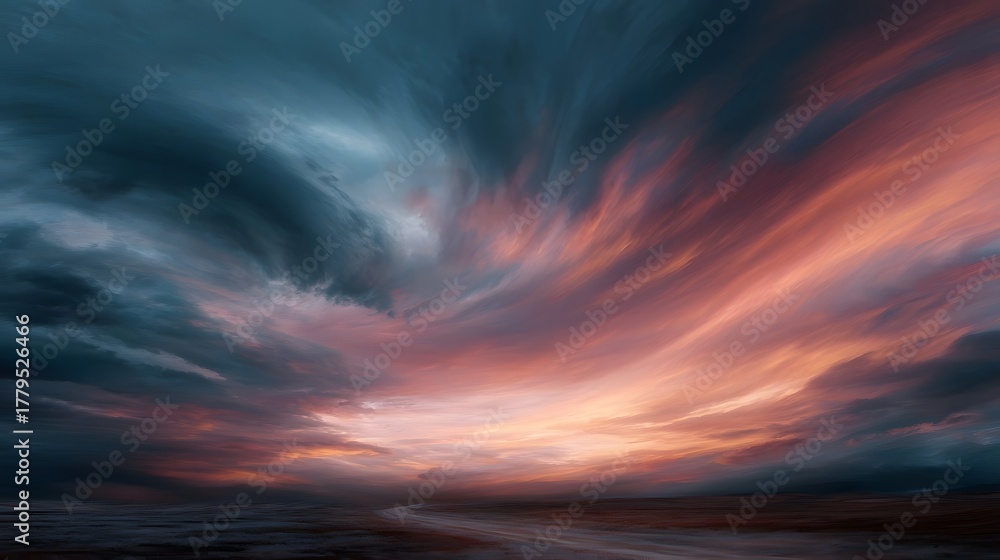 Obraz premium Dramatic sunset sky with swirling clouds over a desolate landscape with a winding path