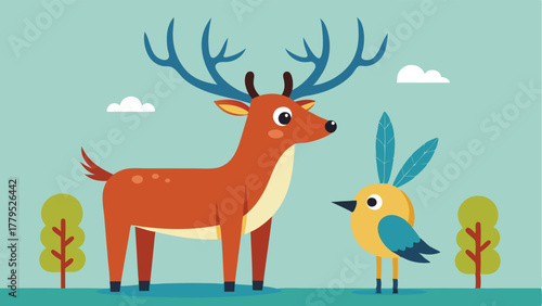 Cartoon deer and blue bird illustration, Whimsical woodland friends meeting