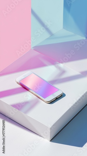 Virtual intelligence trend - Stylish Smartphone with Gradient Screen on Minimalist Pastel Background - AI concept