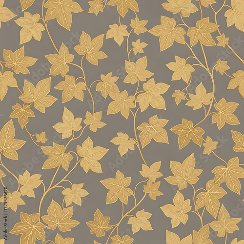 Golden ivy leaves pattern on a textured grey background, a seamless decorative botanical design