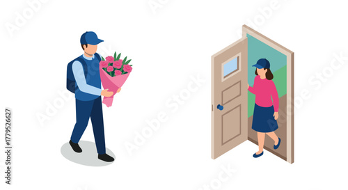 Isometric delivery concept with person holding flowers and entering open door