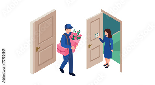 Surprise delivery courier bringing flowers to woman at doorstep in isometric style