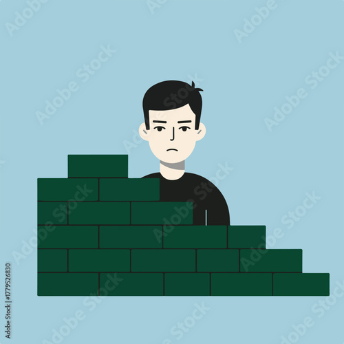 A person with a melancholic expression stands behind a dark green brick wall against a blue background