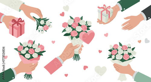 Elegant floral arrangements and gift giving concept with hands holding bouquets and presents