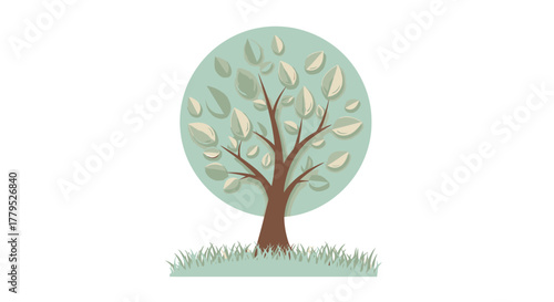 Stylized illustration of a deciduous tree with a round green canopy on a patch of grass.
