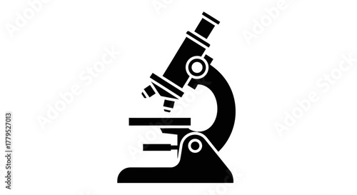Black silhouette of a compound microscope, a scientific instrument used for magnifying small objects, depicted against a plain white background.