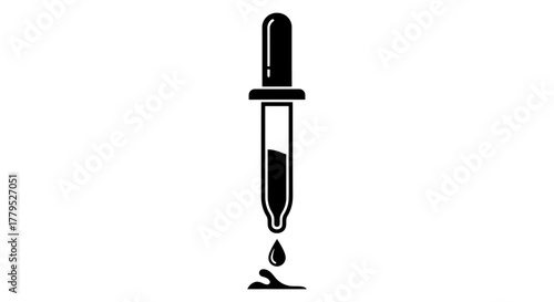A black and white silhouette icon of a dropper releasing a single drop of liquid onto a surface.