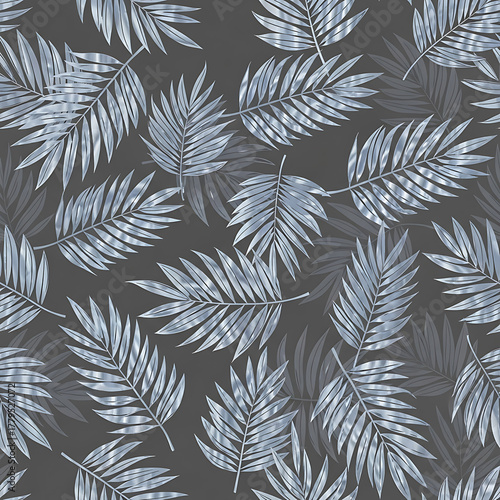 Blue palm fronds pattern on a dark grey background, a tropical botanical design