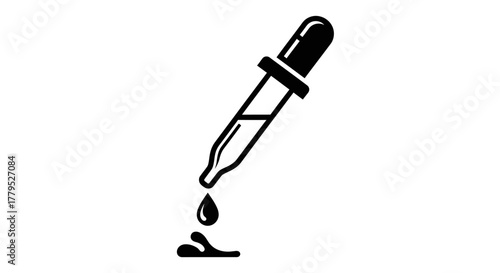 A black and white illustration of a dropper with a drop of liquid falling from its tip.
