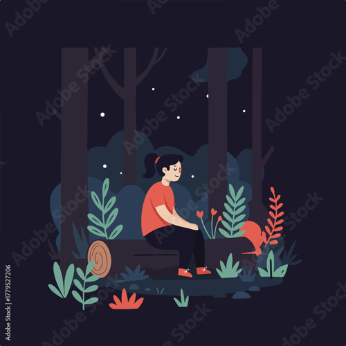 A person sits on a log, surrounded by flora, gazing at the night sky. Forest-themed illustration