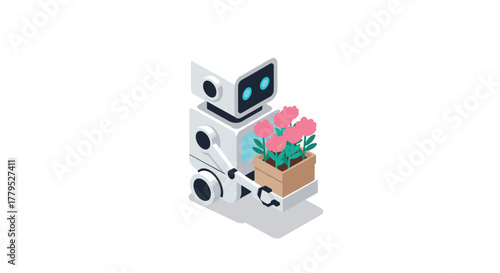 Isometric robot delivering flowers with modern ai technology