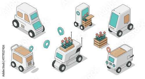 Futuristic delivery robots carrying flowers in playful isometric design