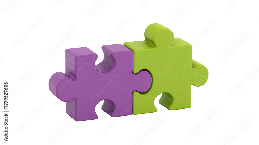 Fototapeta premium Purple puzzle piece and green puzzle piece connected together, symbolizing teamwork, cooperation, and problem solving, isolated on transparent background