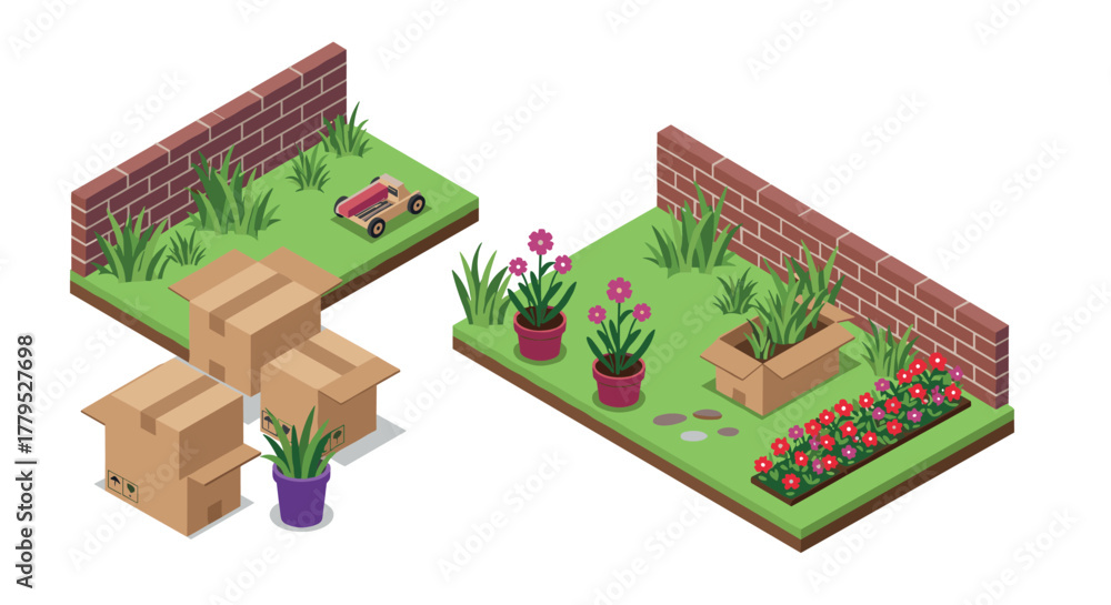 Naklejka premium Isometric garden scene with plants, boxes, and toy car on grass