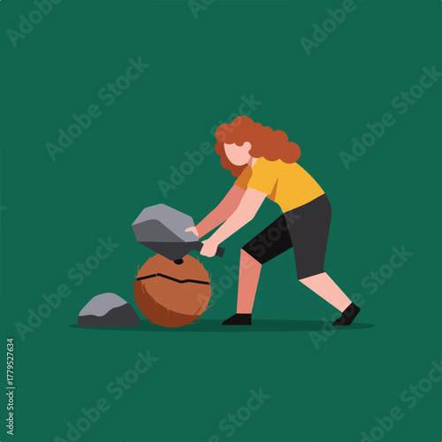 A person with curly hair is using a rock to split a coconut on a green background