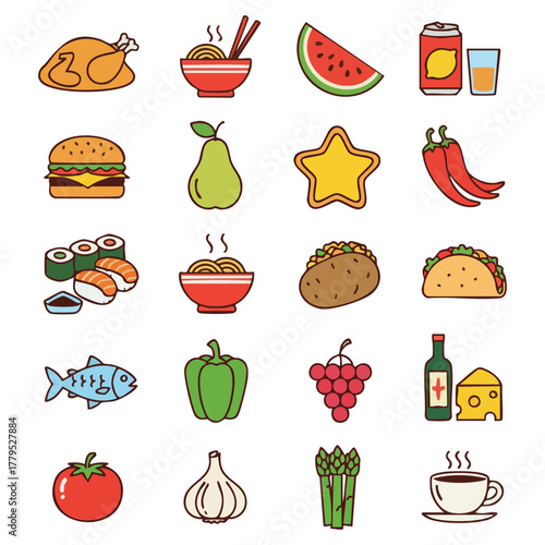 Food and Drink Vector Icons Set – Flat Color Outline Style
