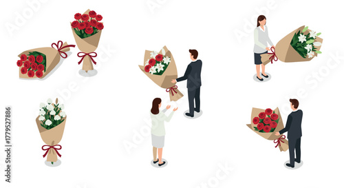 Isometric figures exchanging floral bouquets in business attire