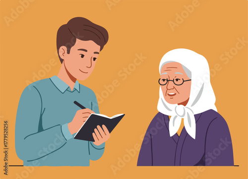 A young man takes notes while interviewing an older woman in traditional head covering