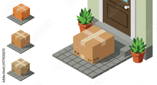 Isometric parcel delivery cardboard box on doorstep with potted plant