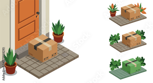 Isometric parcel delivery at doorstep with variations of plant arrangements