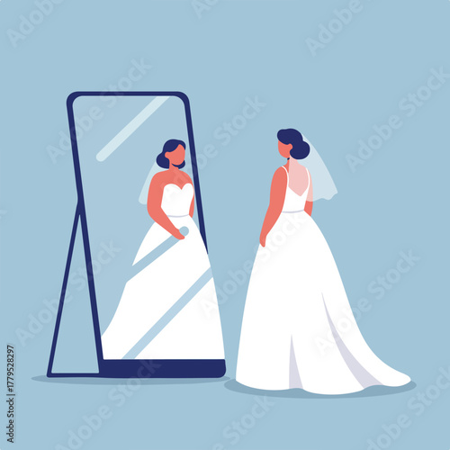 A bride in a white wedding gown and veil looks at herself in a mirror