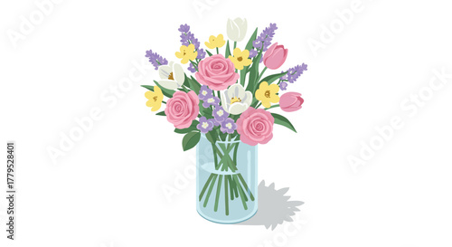 Elegant floral arrangement with roses, tulips, and lavenders in glass vase