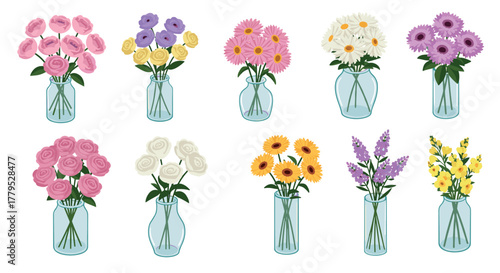 Set of colorful flower bouquets in glass vases with varied floral arrangements