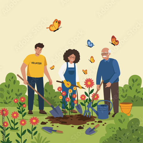 Three people volunteer, tending flowers in a garden, with butterflies flying around