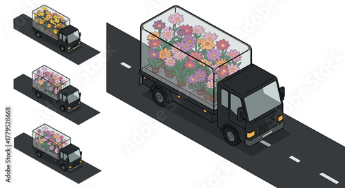 Isometric floral delivery truck with colorful flowers on road