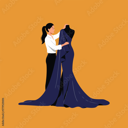 A female fashion designer drapes a blue gown on a mannequin, showcasing design and craftsmanship