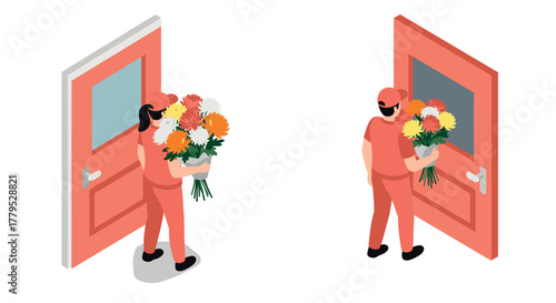 Isometric delivery worker bringing bouquet of flowers through open door