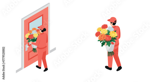Flower delivery service concept with isometric courier carrying bouquet to door