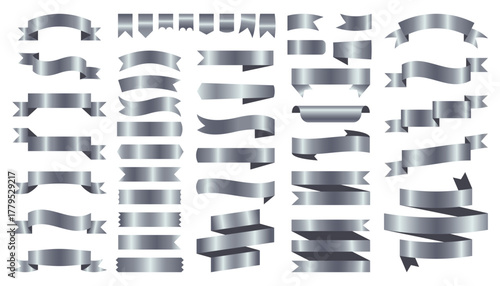 Silver ribbons. Decorative vintage gradient banners and labels with geometric frame, luxury elegant award badge and rubber stamp flat design. Vector set