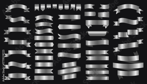 Silver ribbon elements. Decorative gradient ribbon banners, elegant bow icons, luxury awards and labels for celebration design. Vector isolated set