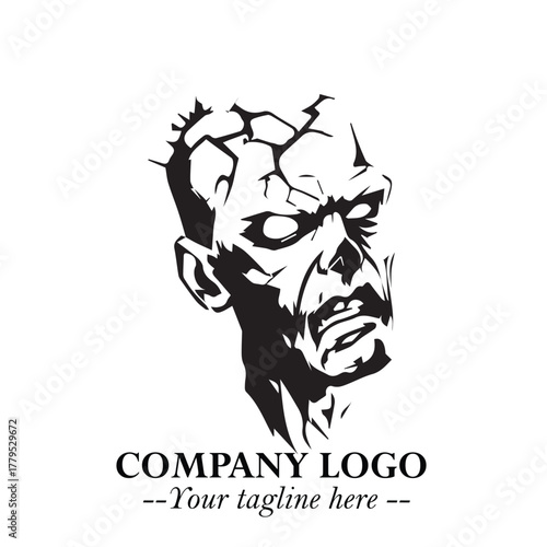 Head of Zombie Logo Symbol in Black on the White Background with Horror Minimal Vector Design