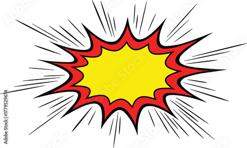 Yellow and red comic book explosion speech bubble with black lines burst