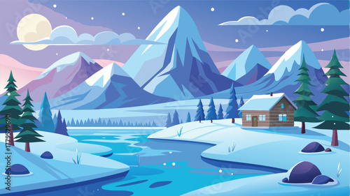 Flat design illustration of a winter mountain landscape with a cabin by a frozen river, Idyllic snowy retreat in the wilderness
