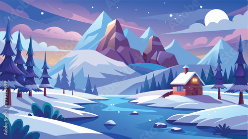 Flat design illustration of a winter mountain landscape with a cabin by a frozen river, Idyllic snowy retreat in the wilderness