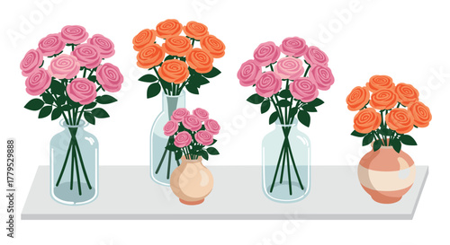 Colorful roses in various vases on display shelf