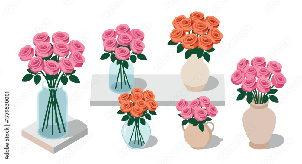 Obraz premium Charming rose bouquets in vases elegant decor in a modern isometric style
